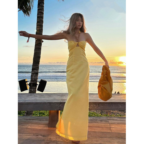 性感露背長裙三亞海邊度假裙旅遊穿搭拍照連衣裙系帶旅行沙灘裙子