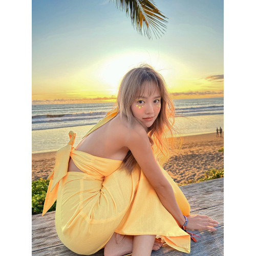 性感露背長裙三亞海邊度假裙旅遊穿搭拍照連衣裙系帶旅行沙灘裙子