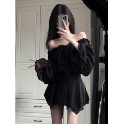 韓系氛圍感穿搭黑色一字肩連衣裙女夏季絕美法式氣質收腰a字裙子