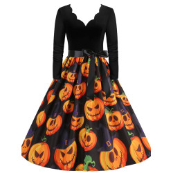 復古文藝歐美萬聖節定位V領燒花南瓜骷髏圖案長袖拼接大擺連衣裙