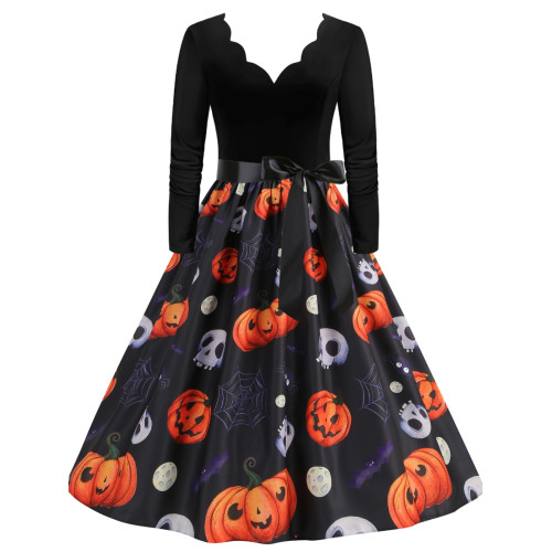 復古文藝歐美萬聖節定位V領燒花南瓜骷髏圖案長袖拼接大擺連衣裙 復古文藝歐美萬聖節定位V領燒花南瓜骷髏圖案長袖拼接大擺連衣裙