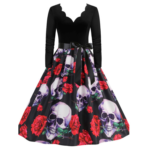 復古文藝歐美萬聖節定位V領燒花南瓜骷髏圖案長袖拼接大擺連衣裙 復古文藝歐美萬聖節定位V領燒花南瓜骷髏圖案長袖拼接大擺連衣裙