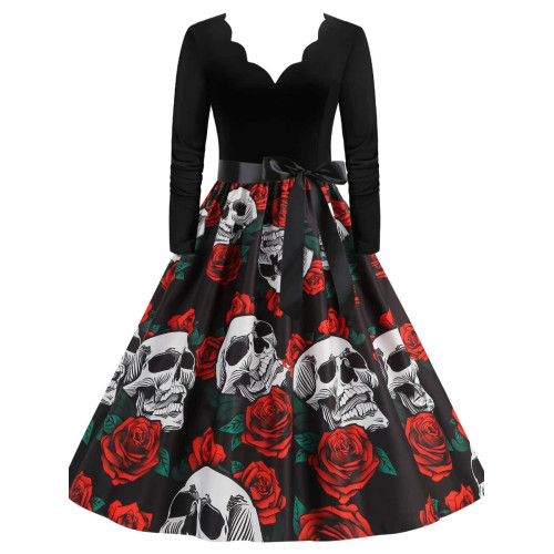 復古文藝歐美萬聖節定位V領燒花南瓜骷髏圖案長袖拼接大擺連衣裙 復古文藝歐美萬聖節定位V領燒花南瓜骷髏圖案長袖拼接大擺連衣裙