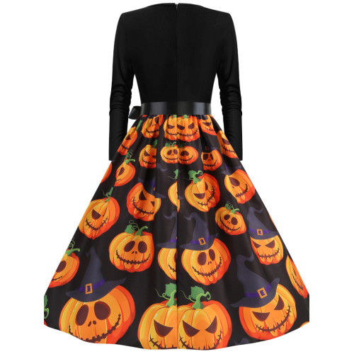 復古文藝歐美萬聖節定位V領燒花南瓜骷髏圖案長袖拼接大擺連衣裙 復古文藝歐美萬聖節定位V領燒花南瓜骷髏圖案長袖拼接大擺連衣裙