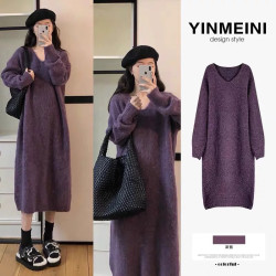 軟糯毛衣裙慵懶風寬松直筒長款秋冬配大衣V領針織打底連衣裙女