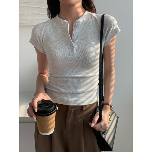 夏半開領美式辣妹半釦領短款修身純棉螺紋短袖T恤卡腰高腰上衣女