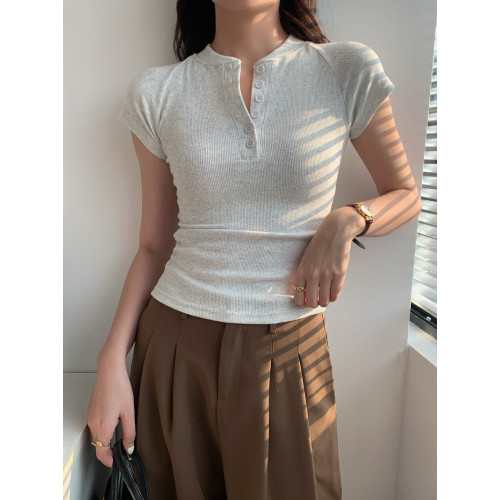 夏半開領美式辣妹半釦領短款修身純棉螺紋短袖T恤卡腰高腰上衣女