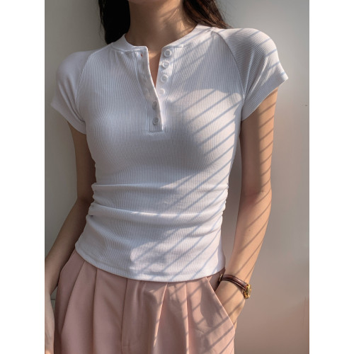 夏半開領美式辣妹半釦領短款修身純棉螺紋短袖T恤卡腰高腰上衣女