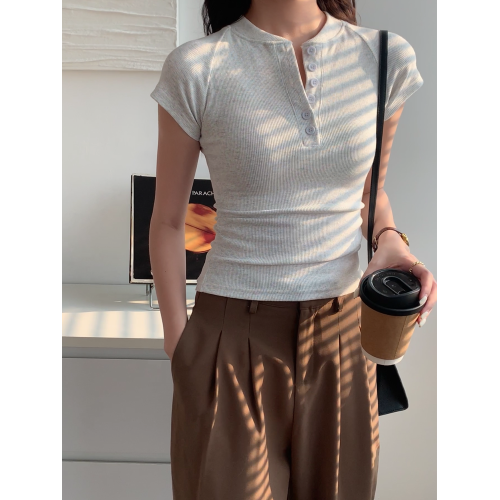 夏半開領美式辣妹半釦領短款修身純棉螺紋短袖T恤卡腰高腰上衣女