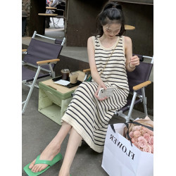 無袖條紋針織連衣裙女寬松長裙開叉圓領2025年夏季顯瘦百搭吊帶裙