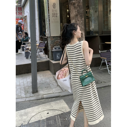 無袖條紋針織連衣裙女寬松長裙開叉圓領2025年夏季顯瘦百搭吊帶裙