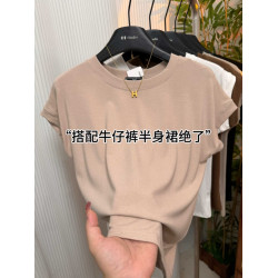 高級感小飛袖坎肩爆款短袖女夏季洋氣減齡圓領設計感純色t恤上衣
