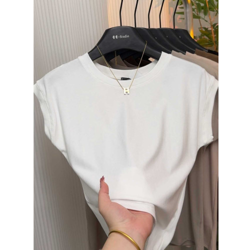 高級感小飛袖坎肩爆款短袖女夏季洋氣減齡圓領設計感純色t恤上衣