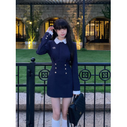 法式假兩件連衣裙子女收腰氣質設計感小衆長袖polo領a字短裙秋季