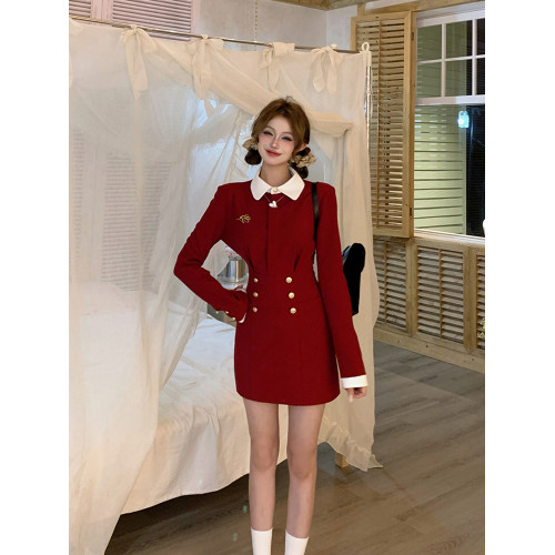 法式假兩件連衣裙子女收腰氣質設計感小衆長袖polo領a字短裙秋季 法式假兩件連衣裙子女收腰氣質設計感小衆長袖polo領a字短裙秋季