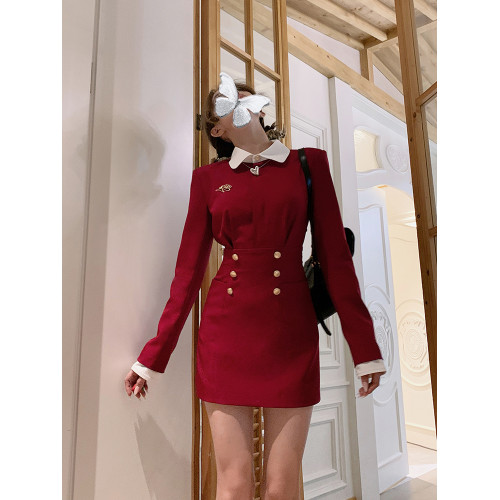 法式假兩件連衣裙子女收腰氣質設計感小衆長袖polo領a字短裙秋季 法式假兩件連衣裙子女收腰氣質設計感小衆長袖polo領a字短裙秋季