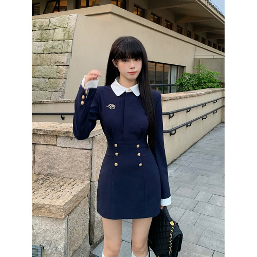 法式假兩件連衣裙子女收腰氣質設計感小衆長袖polo領a字短裙秋季 法式假兩件連衣裙子女收腰氣質設計感小衆長袖polo領a字短裙秋季