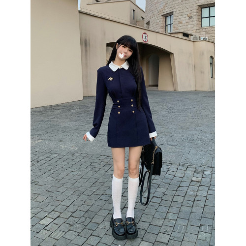 法式假兩件連衣裙子女收腰氣質設計感小衆長袖polo領a字短裙秋季 法式假兩件連衣裙子女收腰氣質設計感小衆長袖polo領a字短裙秋季