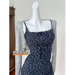 北海花園碎花連衣裙吊帶百搭開衫甜辣妹設計感復古法式