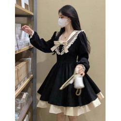 大碼顯瘦海軍領長袖赫本風連衣裙秋季新款女裝蓬蓬裙胖mm黑色裙子