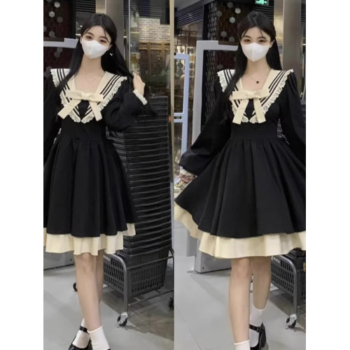 大碼顯瘦海軍領長袖赫本風連衣裙秋季新款女裝蓬蓬裙胖mm黑色裙子 大碼顯瘦海軍領長袖赫本風連衣裙秋季新款女裝蓬蓬裙胖mm黑色裙子