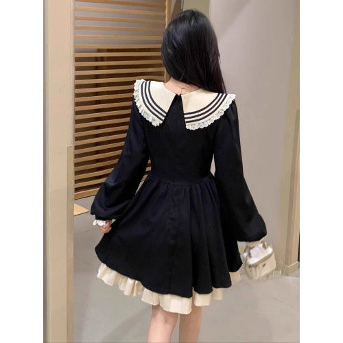 大碼顯瘦海軍領長袖赫本風連衣裙秋季新款女裝蓬蓬裙胖mm黑色裙子 大碼顯瘦海軍領長袖赫本風連衣裙秋季新款女裝蓬蓬裙胖mm黑色裙子