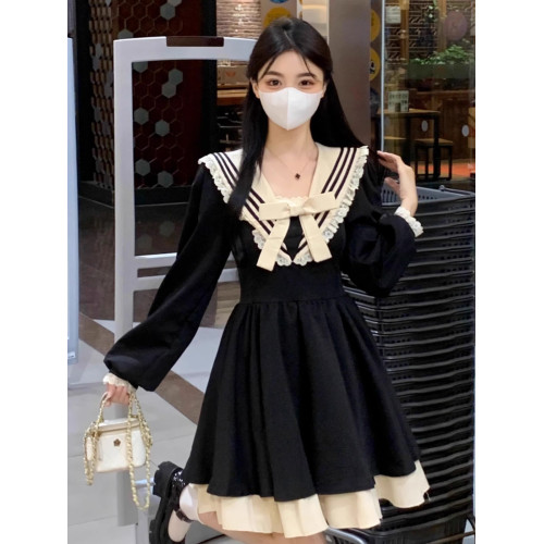 大碼顯瘦海軍領長袖赫本風連衣裙秋季新款女裝蓬蓬裙胖mm黑色裙子 大碼顯瘦海軍領長袖赫本風連衣裙秋季新款女裝蓬蓬裙胖mm黑色裙子