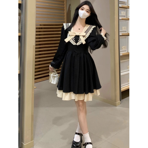 大碼顯瘦海軍領長袖赫本風連衣裙秋季新款女裝蓬蓬裙胖mm黑色裙子 大碼顯瘦海軍領長袖赫本風連衣裙秋季新款女裝蓬蓬裙胖mm黑色裙子