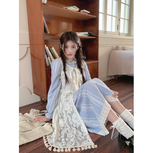 阮阮自製/森野惠 2025秋新款原創小衆超好看格子長袖連衣裙兩件套