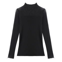 春秋裝半高領長袖網紗打底衫純色氣質蕾絲上衣大碼簡約內搭T恤女