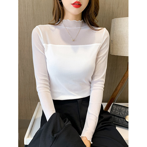 春秋裝半高領長袖網紗打底衫純色氣質蕾絲上衣大碼簡約內搭T恤女