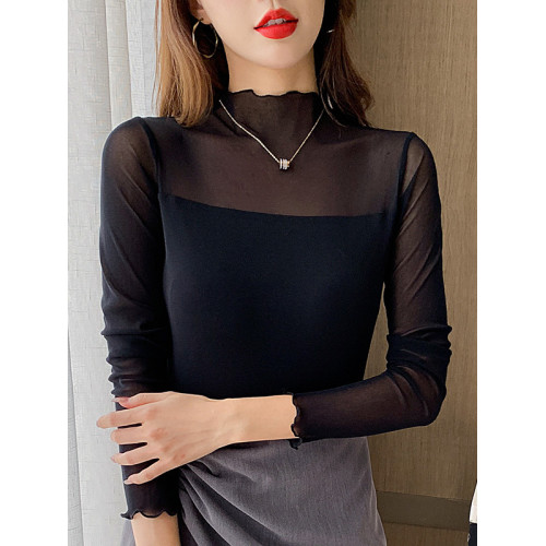 春秋裝半高領長袖網紗打底衫純色氣質蕾絲上衣大碼簡約內搭T恤女