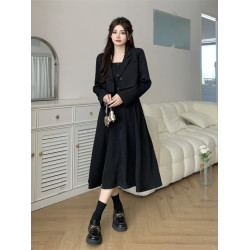 高級感大碼微胖穿搭秋季西裝外套黑裙子顯瘦遮肉吊帶連衣裙套裝春