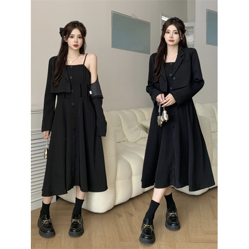 高級感大碼微胖穿搭秋季西裝外套黑裙子顯瘦遮肉吊帶連衣裙套裝春