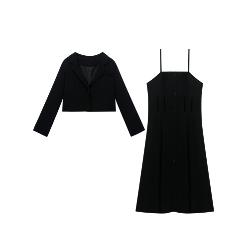 高級感大碼微胖穿搭秋季西裝外套黑裙子顯瘦遮肉吊帶連衣裙套裝春