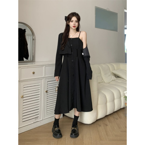 高級感大碼微胖穿搭秋季西裝外套黑裙子顯瘦遮肉吊帶連衣裙套裝春