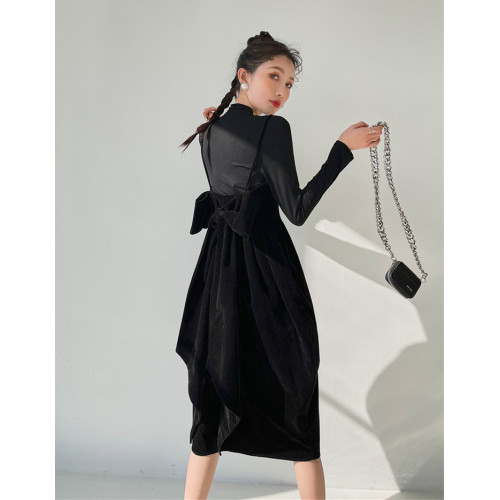  酒紅絲絨露背大蝴蝶結年會禮服宴會生日吊帶連衣裙女