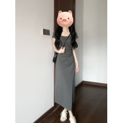 法式氣質灰色連衣裙子女裝夏2025新款高級感小個子秋冬季顯瘦長裙