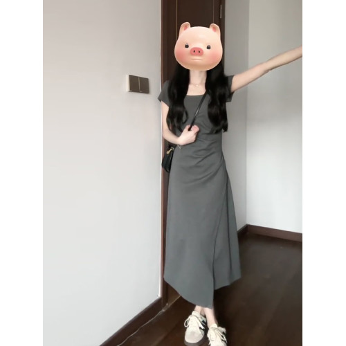 法式氣質灰色連衣裙子女裝夏2025新款高級感小個子秋冬季顯瘦長裙