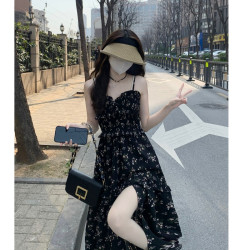 大碼純欲辣妹碎花連衣裙女夏季高級感開叉裙子胖mm遮肚顯瘦吊帶裙