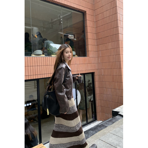 美拉德條紋針織連衣裙女春秋配皮衣打底毛衣裙慵懶垂墜感內搭長裙