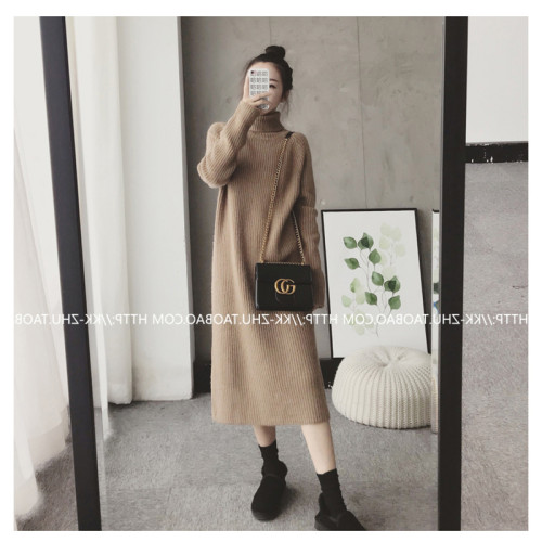 加厚加絨過膝針織毛衣女寬松高領保暖連衣裙輕奢氣質冬季長款內搭