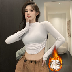 美式辣妹半高領短款打底衫女秋季緊身高腰爵士舞長袖T恤露臍上衣