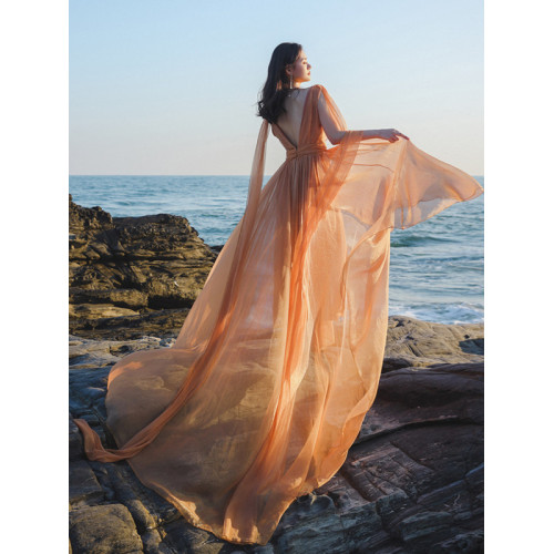 白色飄逸長裙吊帶拖地輕婚紗連衣裙超長款沙灘裙海邊拍照衣服超仙