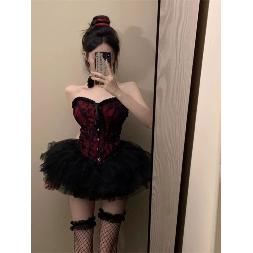 復古宮廷風性感辣妹抹胸上衣夏季新款高腰顯瘦蓬蓬短裙子兩件套女