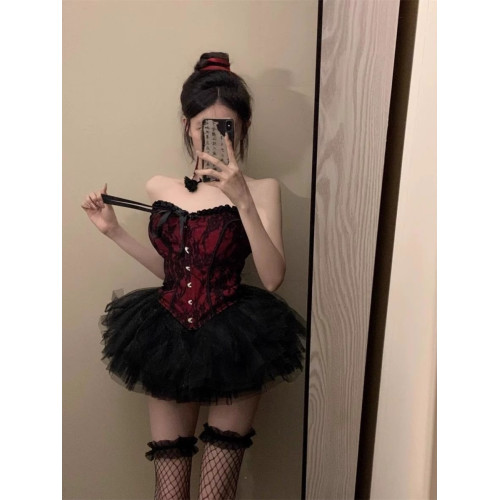 復古宮廷風性感辣妹抹胸上衣夏季新款高腰顯瘦蓬蓬短裙子兩件套女