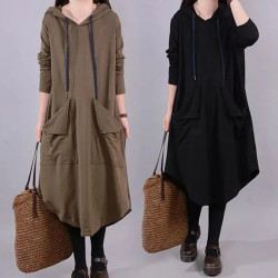 2025春秋新款韓版大碼寬松衛衣裙女個性大口袋純色連帽長裙連衣裙