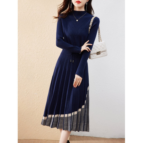 法式氣質拼接針織連衣裙女冬裝2025新款女裝收腰顯瘦打底毛衣裙子