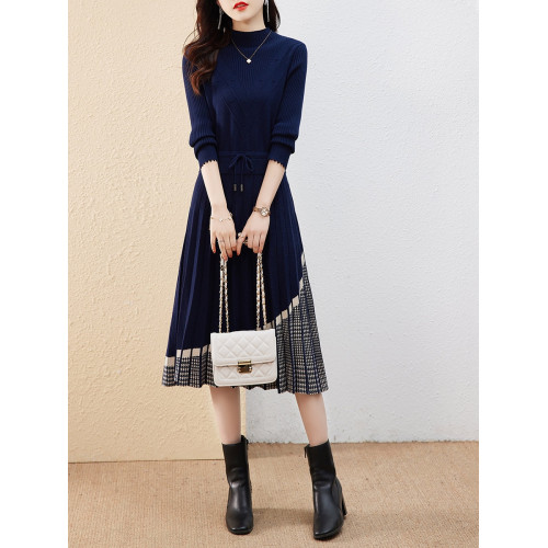 法式氣質拼接針織連衣裙女冬裝2025新款女裝收腰顯瘦打底毛衣裙子