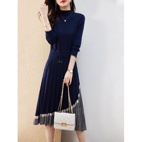 法式氣質拼接針織連衣裙女冬裝2025新款女裝收腰顯瘦打底毛衣裙子